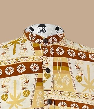 Camisa de hombre colores amarillo y marron estampado palmeras